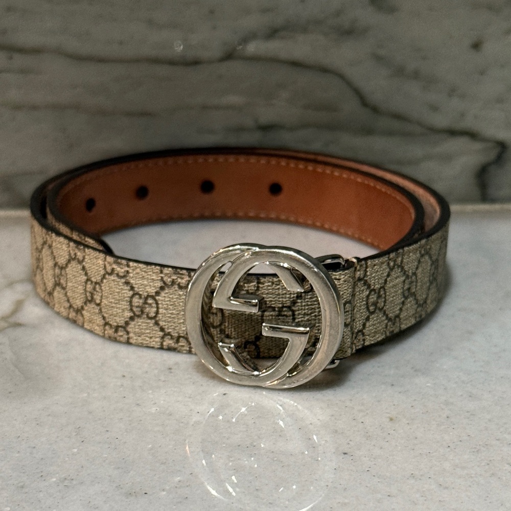 Gucci Children's GG Supreme belt Beige with Silver GG Buckle